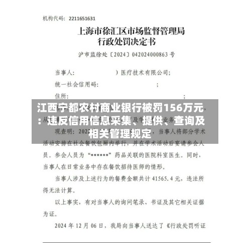 江西宁都农村商业银行被罚156万元：违反信用信息采集、提供、查询及相关管理规定